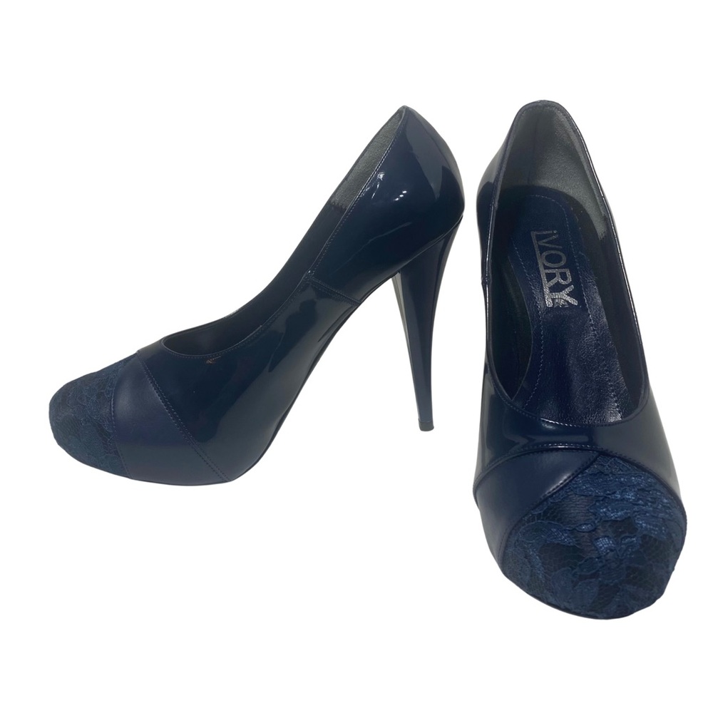 Davos Gomma | Patent Leather & Lace Navy Blue Platform Heels EU Size 39